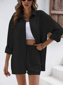 SHEIN Frenchy 纯色落肩亚麻衬衫和短裤 亚麻面料套装 返校服装 秋季女装 复古风格教师服装 商务女装 教师衬衫