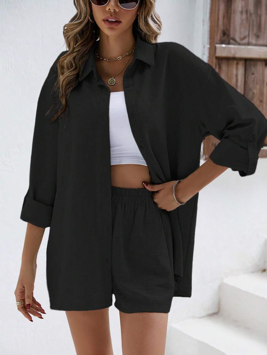 SHEIN Frenchy 纯色落肩亚麻衬衫和短裤 亚麻面料套装 返校服装 秋季女装 复古风格教师服装 商务女装 教师衬衫