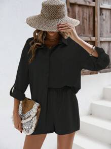 SHEIN Frenchy 纯色落肩亚麻衬衫和短裤 亚麻面料套装 返校服装 秋季女装 复古风格教师服装 商务女装 教师衬衫