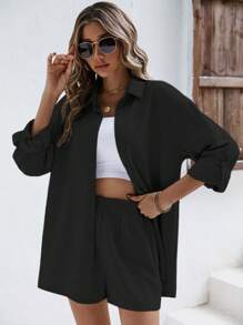 SHEIN Frenchy 纯色落肩亚麻衬衫和短裤 亚麻面料套装 返校服装 秋季女装 复古风格教师服装 商务女装 教师衬衫