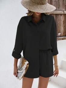 SHEIN Frenchy 纯色落肩亚麻衬衫和短裤 亚麻面料套装 返校服装 秋季女装 复古风格教师服装 商务女装 教师衬衫