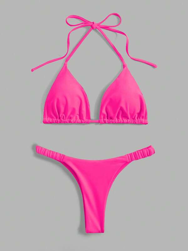 Swim Basics Summer Beach Solid Triangle Halter Bikini Set
