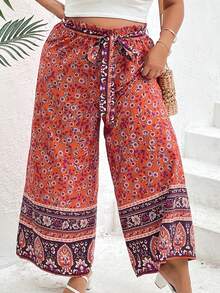 SHEIN VCAY Plus Floral Print Paperbag Waist Belted Wide Leg Pants - Multicolor - View 3