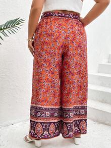 SHEIN VCAY Plus Floral Print Paperbag Waist Belted Wide Leg Pants - Multicolor - View 4
