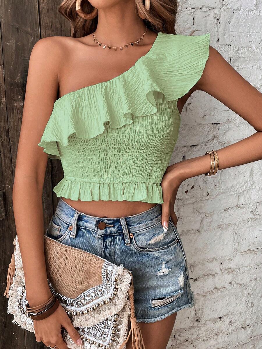 SHEIN Frenchy 單肩荷葉邊短款襯衫 - 綠色 - 查看 1