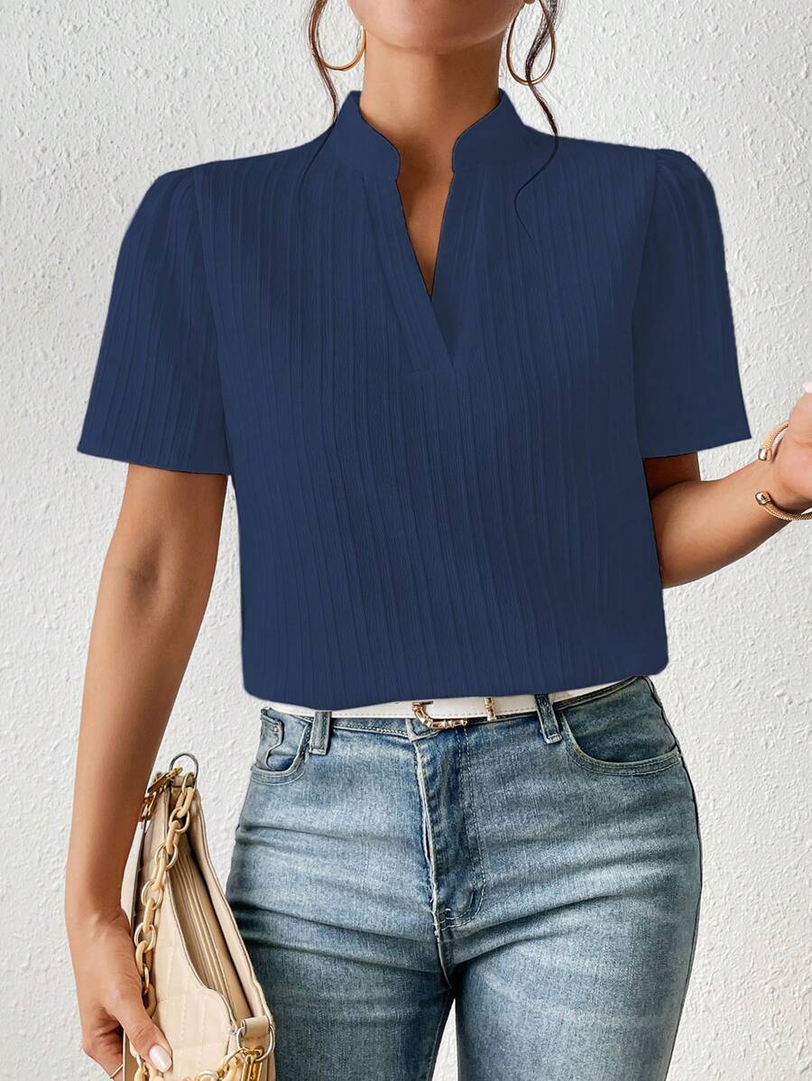 SHEIN Frenchy Solid Notched Neckline Puff Sleeve Blouse - Navy Blue - View 1
