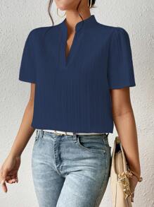 SHEIN Frenchy Solid Notched Neckline Puff Sleeve Blouse - Navy Blue - View 3