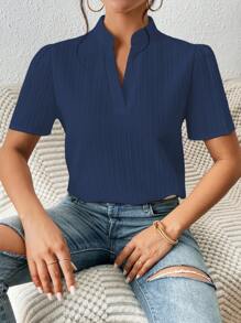 SHEIN Frenchy Solid Notched Neckline Puff Sleeve Blouse - Navy Blue - View 4