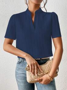 SHEIN Frenchy Solid Notched Neckline Puff Sleeve Blouse - Navy Blue - View 6