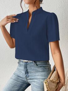 SHEIN Frenchy Solid Notched Neckline Puff Sleeve Blouse - Navy Blue - View 7