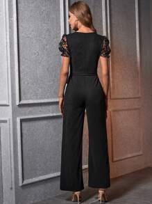 SHEIN Privé 拼接花卉圖案網紗泡泡袖腰帶闊腿連體褲 - 黑色 - 查看 2