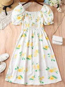 SHEIN Unity Floral Print Puff Sleeve Dress - White - View 2