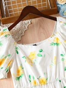 SHEIN Unity Floral Print Puff Sleeve Dress - White - View 4