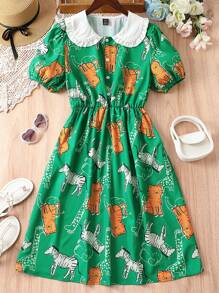 SHEIN Unity Cartoon Print Contrast Collar Puff Sleeve Dress - Green - View 1