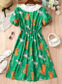SHEIN Unity Cartoon Print Contrast Collar Puff Sleeve Dress - Green - View 2