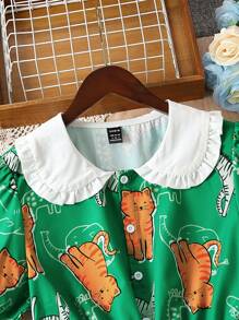 SHEIN Unity Cartoon Print Contrast Collar Puff Sleeve Dress - Green - View 3