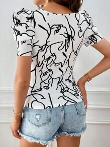 SHEIN Privé Allover Print Square Neck Puff Sleeve Tee - Black and White - View 2