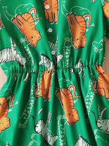 SHEIN Unity Cartoon Print Contrast Collar Puff Sleeve Dress - Green - View 4