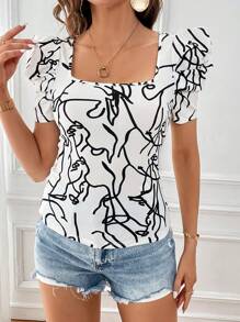 SHEIN Privé Allover Print Square Neck Puff Sleeve Tee - Black and White - View 4