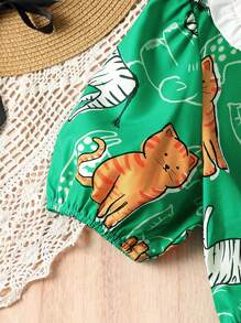 SHEIN Unity Cartoon Print Contrast Collar Puff Sleeve Dress - Green - View 5