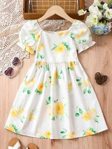 Toddler Girls Floral Print Puff Sleeve Dress
