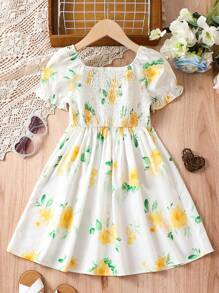 Toddler Girls Floral Print Puff Sleeve Dress