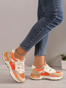 Sporty Sneakers For Women, Colorblock Lace-up Front Running Shoes - Orange - View 1