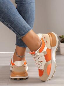 Sporty Sneakers For Women, Colorblock Lace-up Front Running Shoes - Orange - View 2