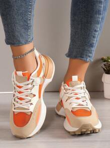 Sporty Sneakers For Women, Colorblock Lace-up Front Running Shoes - Orange - View 3