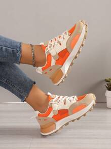 Sporty Sneakers For Women, Colorblock Lace-up Front Running Shoes - Orange - View 4