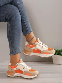 Sporty Sneakers For Women, Colorblock Lace-up Front Running Shoes - Orange - View 5