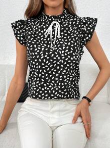 SHEIN Clasi Áo sơ mi nữ viền lá sen Xù Thắt nơ trước Tất cả trên in Giải trí - Đen và trắng - Xem 1