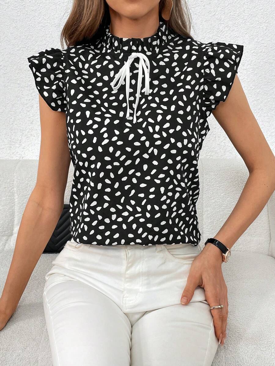 SHEIN Clasi Áo sơ mi nữ viền lá sen Xù Thắt nơ trước Tất cả trên in Giải trí - Đen và trắng - Xem 1