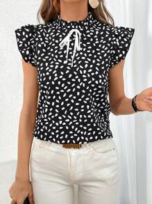 SHEIN Clasi Áo sơ mi nữ viền lá sen Xù Thắt nơ trước Tất cả trên in Giải trí - Đen và trắng - Xem 3