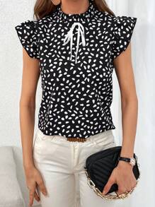 SHEIN Clasi Áo sơ mi nữ viền lá sen Xù Thắt nơ trước Tất cả trên in Giải trí - Đen và trắng - Xem 2