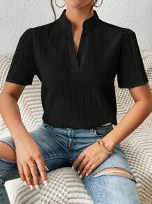 SHEIN Frenchy 素色缺口領泡泡袖襯衫 - 黑色 - 查看 4