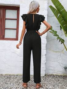 SHEIN LUNE Ruffle Trim Belted Wide Leg Jumpsuit - Black - View 2