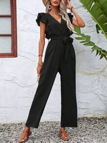 SHEIN LUNE Ruffle Trim Belted Wide Leg Jumpsuit - Black - View 3