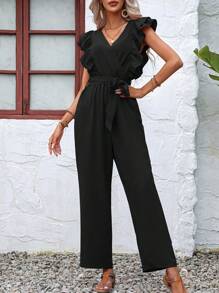SHEIN LUNE Ruffle Trim Belted Wide Leg Jumpsuit - Black - View 4