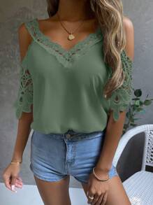 SHEIN Clasi 挖肩提花蕾絲襯衫 - 綠色 - 查看 3