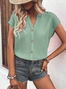 SHEIN LUNE Solid Button Front Batwing Sleeve Notched Neckline Shirt - Mint Green - View 4