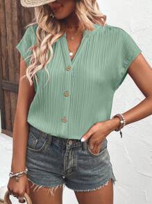 SHEIN LUNE Solid Button Front Batwing Sleeve Notched Neckline Shirt - Mint Green - View 6
