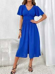 SHEIN Privé Đầm Chia Dây kéo Nút phía trước màu trơn Giải trí - Xanh đậm - Xem 3