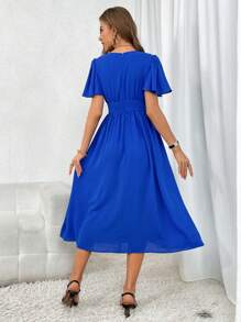 SHEIN Privé Đầm Chia Dây kéo Nút phía trước màu trơn Giải trí - Xanh đậm - Xem 4