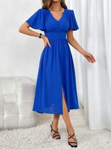 SHEIN Privé Đầm Chia Dây kéo Nút phía trước màu trơn Giải trí - Xanh đậm - Xem 6