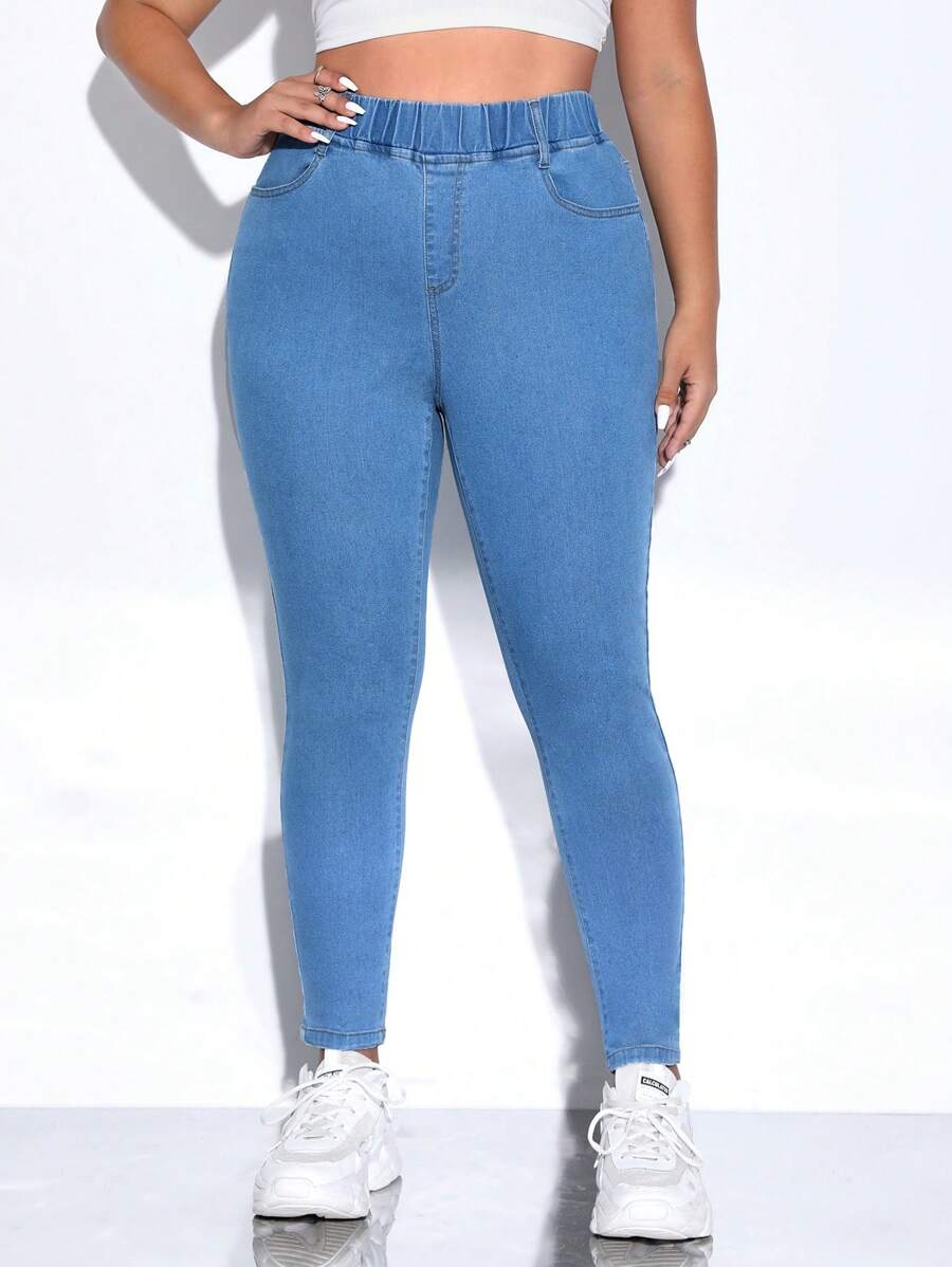 CovetEZ 口袋純色大碼牛仔褲 - 淺色水洗藍 - 查看 1