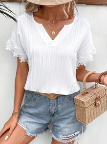 SHEIN Frenchy Contrast Lace Notched Neckline Batwing Sleeve Blouse - White - View 1