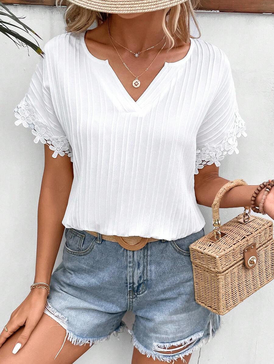 SHEIN Frenchy Contrast Lace Notched Neckline Batwing Sleeve Blouse - White - View 1