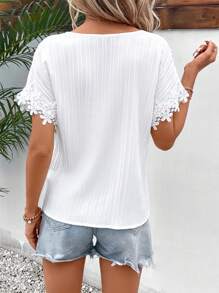 SHEIN Frenchy Contrast Lace Notched Neckline Batwing Sleeve Blouse - White - View 2