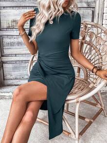 SHEIN LUNE Twist Front Asymmetrical Hem Bodycon Dress - Dark Green - View 5